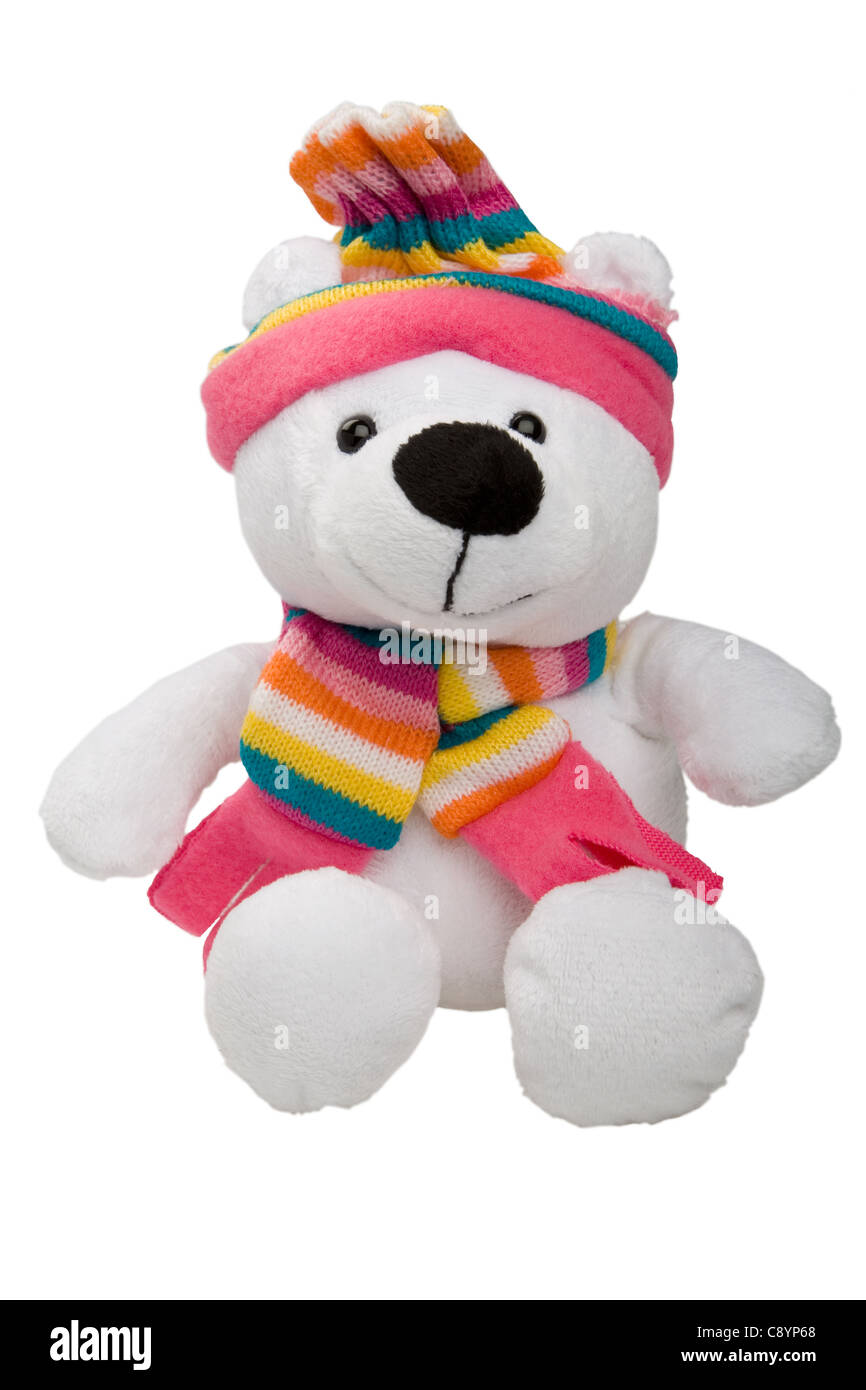 White Bear wearing colorful winter hat and scarf sur fond blanc Banque D'Images