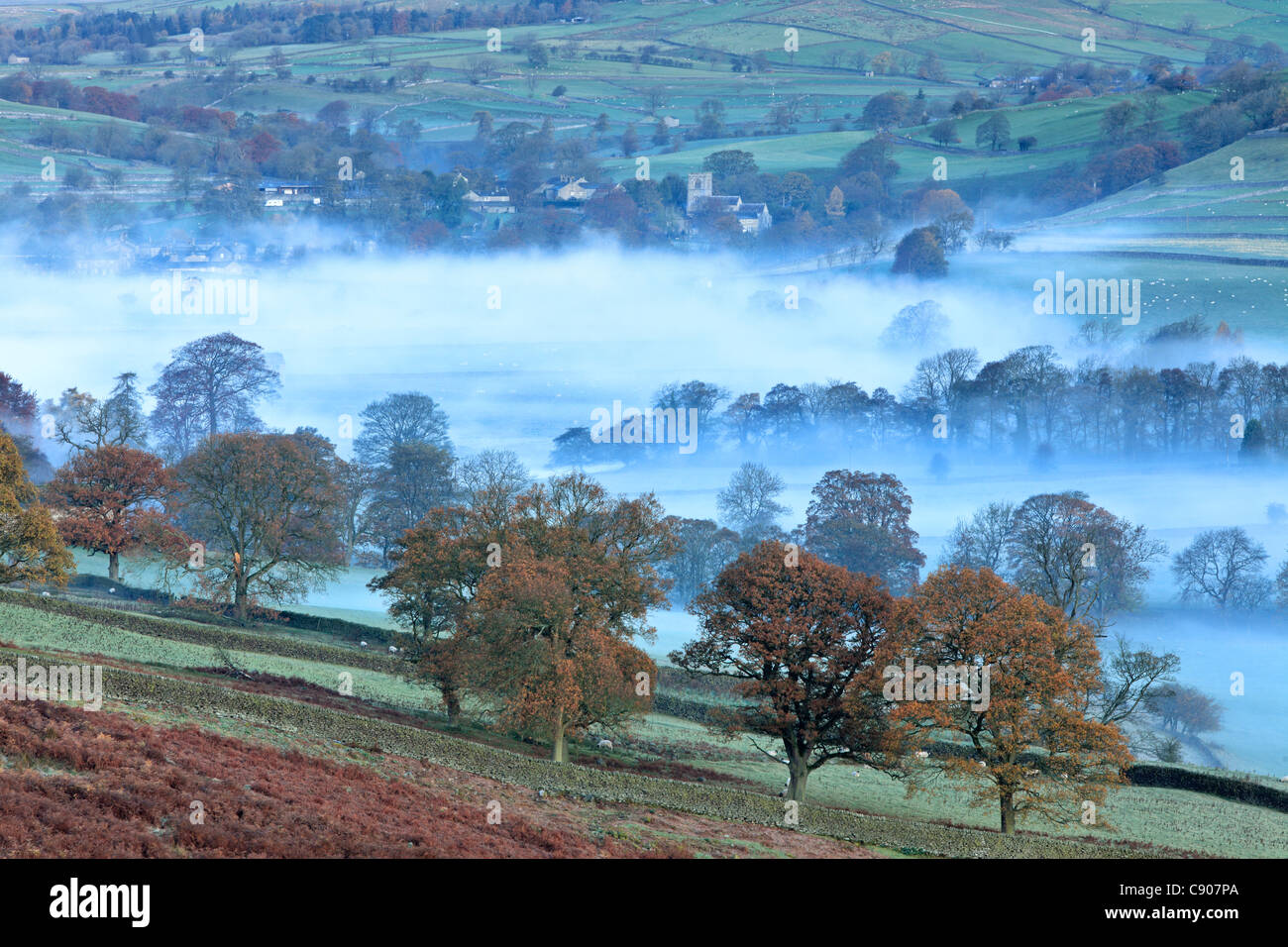 Tôt le matin dans la lumière d'automne sur Tonbridge Wharfedale, Yorkshire Banque D'Images