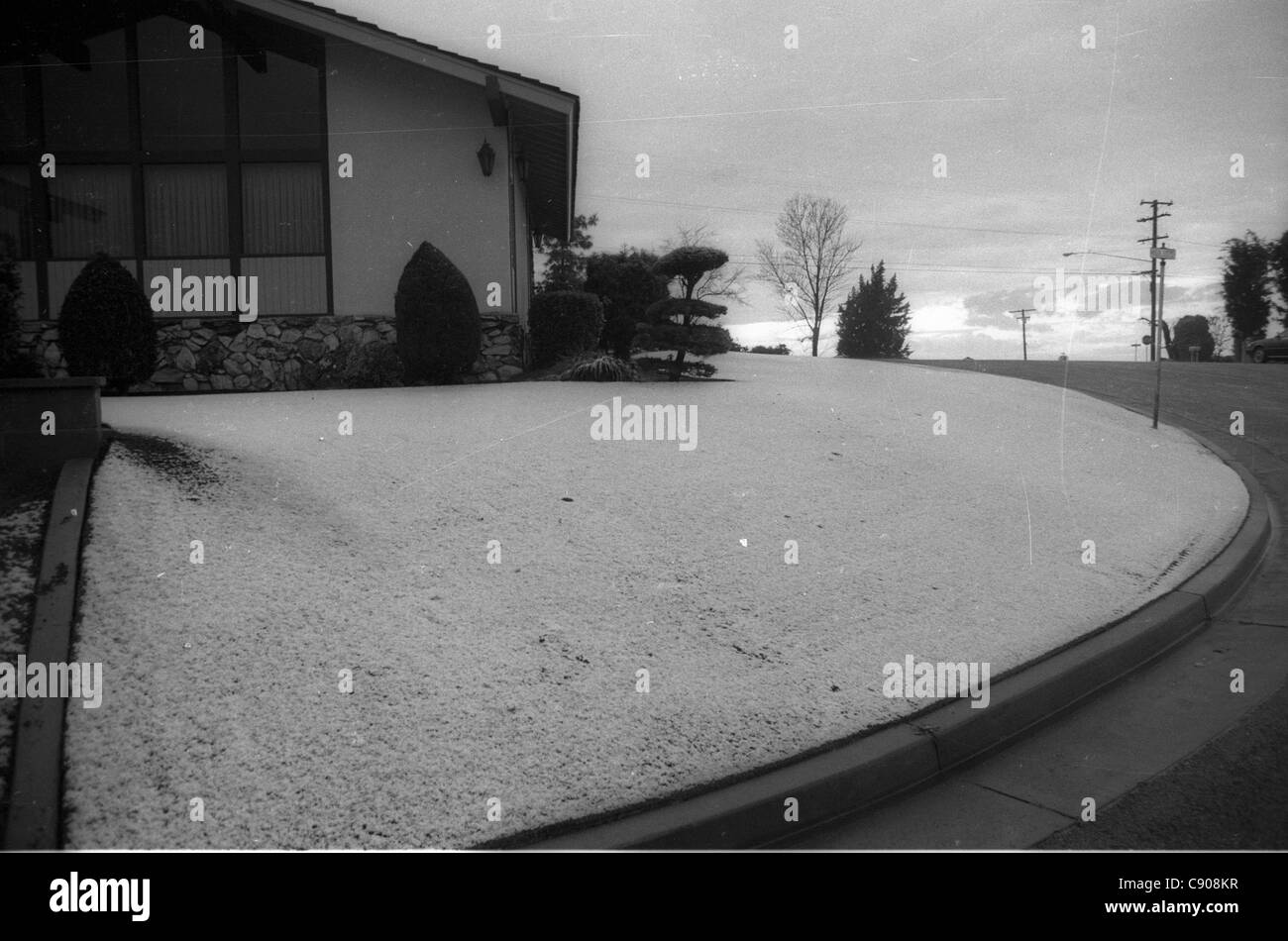 La neige sur la pelouse de banlieue de la californie centrale rares après la neige. Porterville, en Californie. Années 1990 Banque D'Images