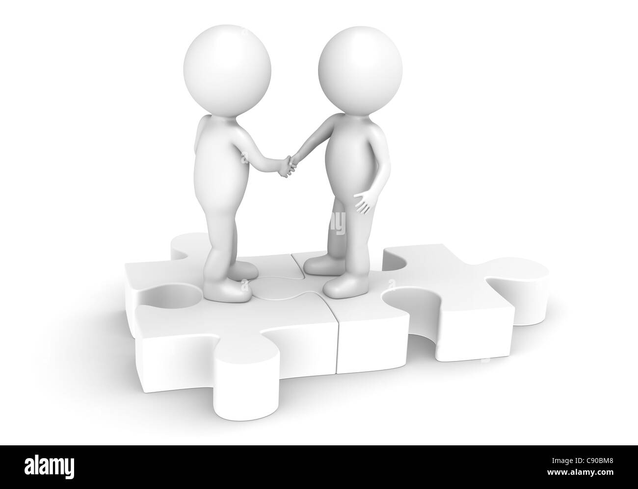 Peu de caractère humain 3D X2 se serrer la main sur un casse-tête. Tout blanc et rare. Banque D'Images