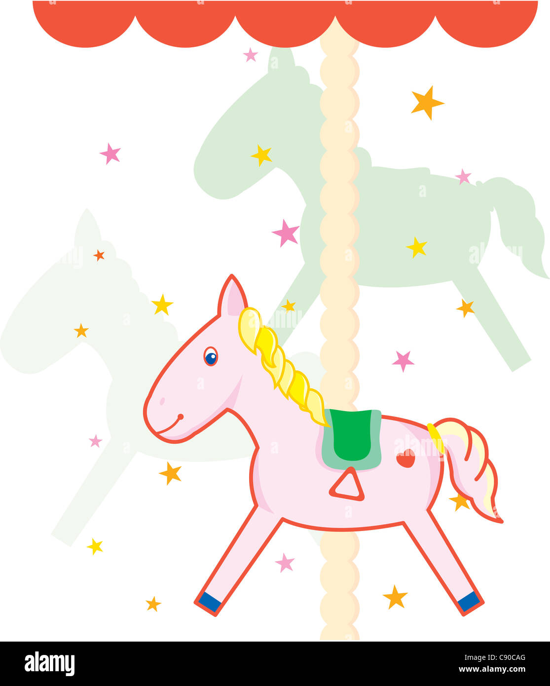 Un graphique d'un cheval en terrain de jeu avec la silhouette de deux autres chevaux. Banque D'Images