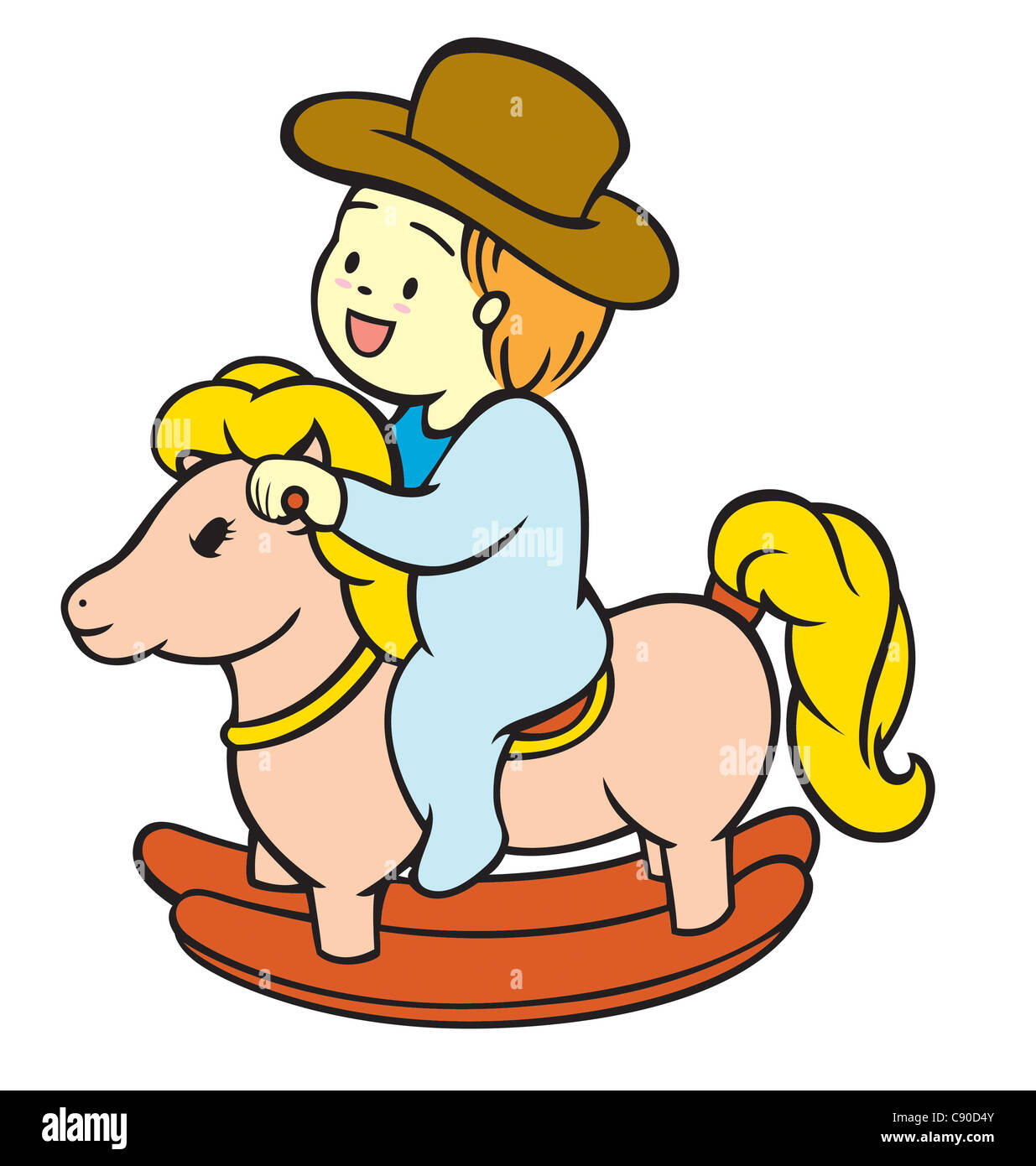 Un petit bébé garçon sur son cheval jouet. Banque D'Images