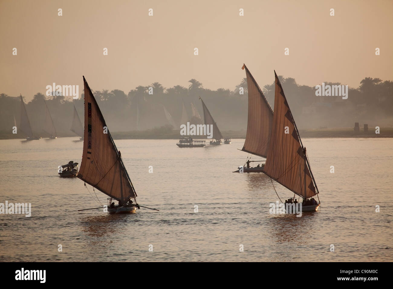 Felouques et le coucher du soleil sur le Nil, Louxor, anciennement Thèbes, Egypte, Afrique du Sud Banque D'Images