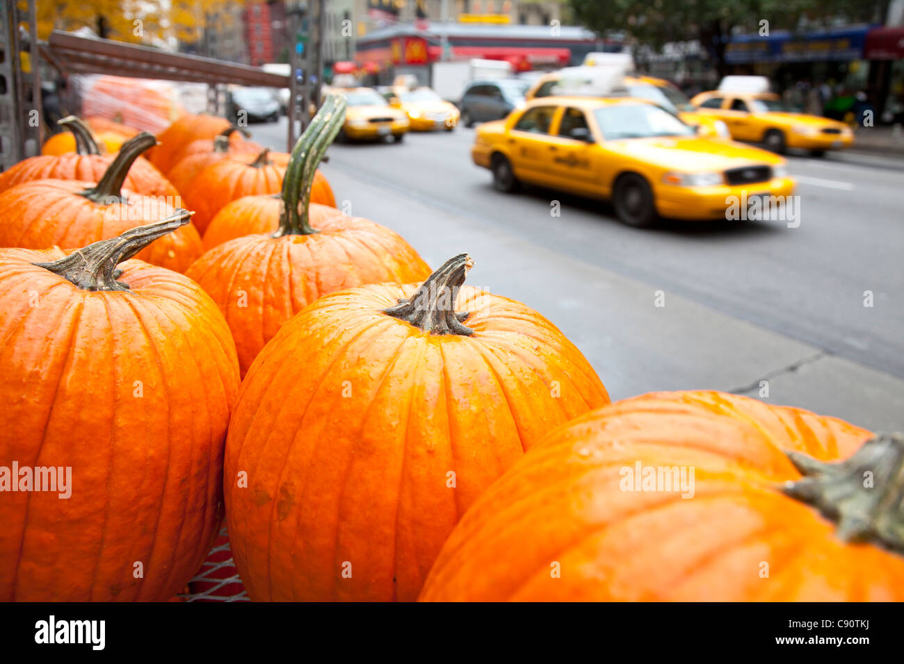 Halloween à New York, citrouilles, taxi dans la rue, Manhattan, New York City, États-Unis d'Amérique, USA Banque D'Images