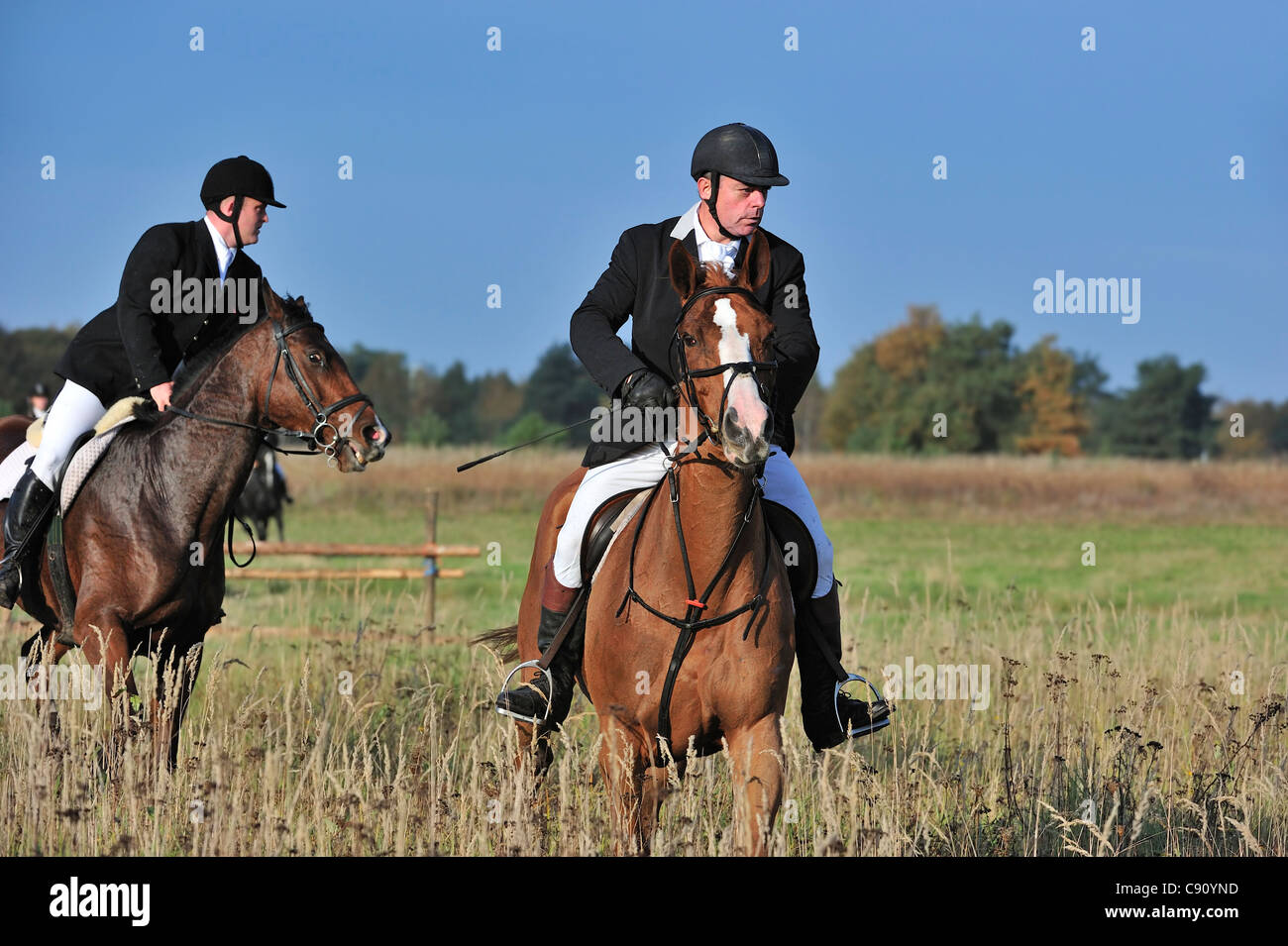 Port de vêtements traditionnels des chasseurs et des casques vestes noir à cheval pendant la chasse, faire glisser l'Europe Banque D'Images