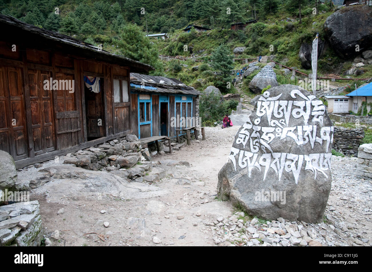 Pierres Mani sont trouvés le long des sentiers de montagne et de trekking et d'escalade au pied de l'Himalaya et wallonne Banque D'Images