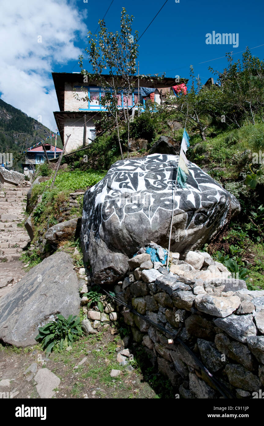 Pierres Mani sont trouvés le long des sentiers de montagne et de trekking et d'escalade au pied de l'Himalaya et wallonne Banque D'Images