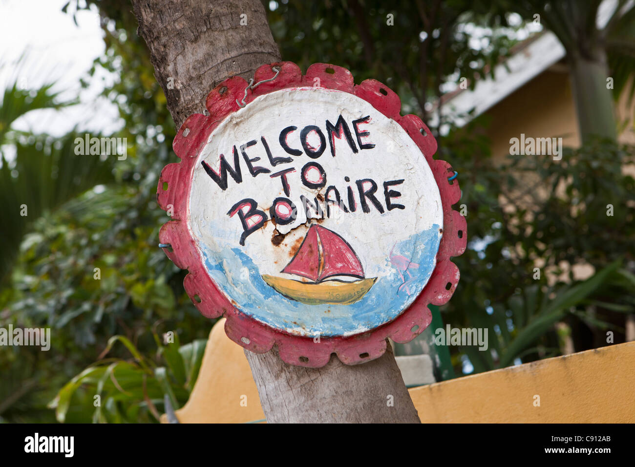 Les Pays-Bas, l'île de Bonaire, Antilles néerlandaises, Kralendijk. Pancarte. Banque D'Images