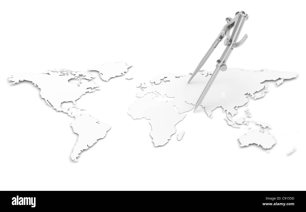 Une carte du monde en 3D. La forme papier, minces. Et diviseur Compas Crayon Banque D'Images