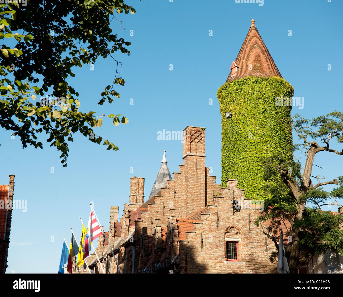 Le musée Gruuthuse dans le centre de la vieille ville Bruges Belgique est célèbre pour est recouvert de lierre et la tour gothique en grève Banque D'Images