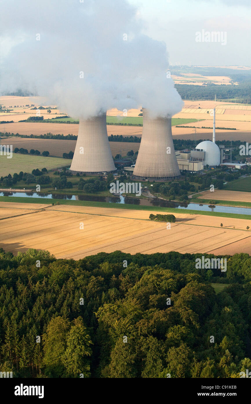 Photo aérienne de Grohnde centrale nucléaire, de la rivière Weser, Basse-Saxe, Allemagne Banque D'Images