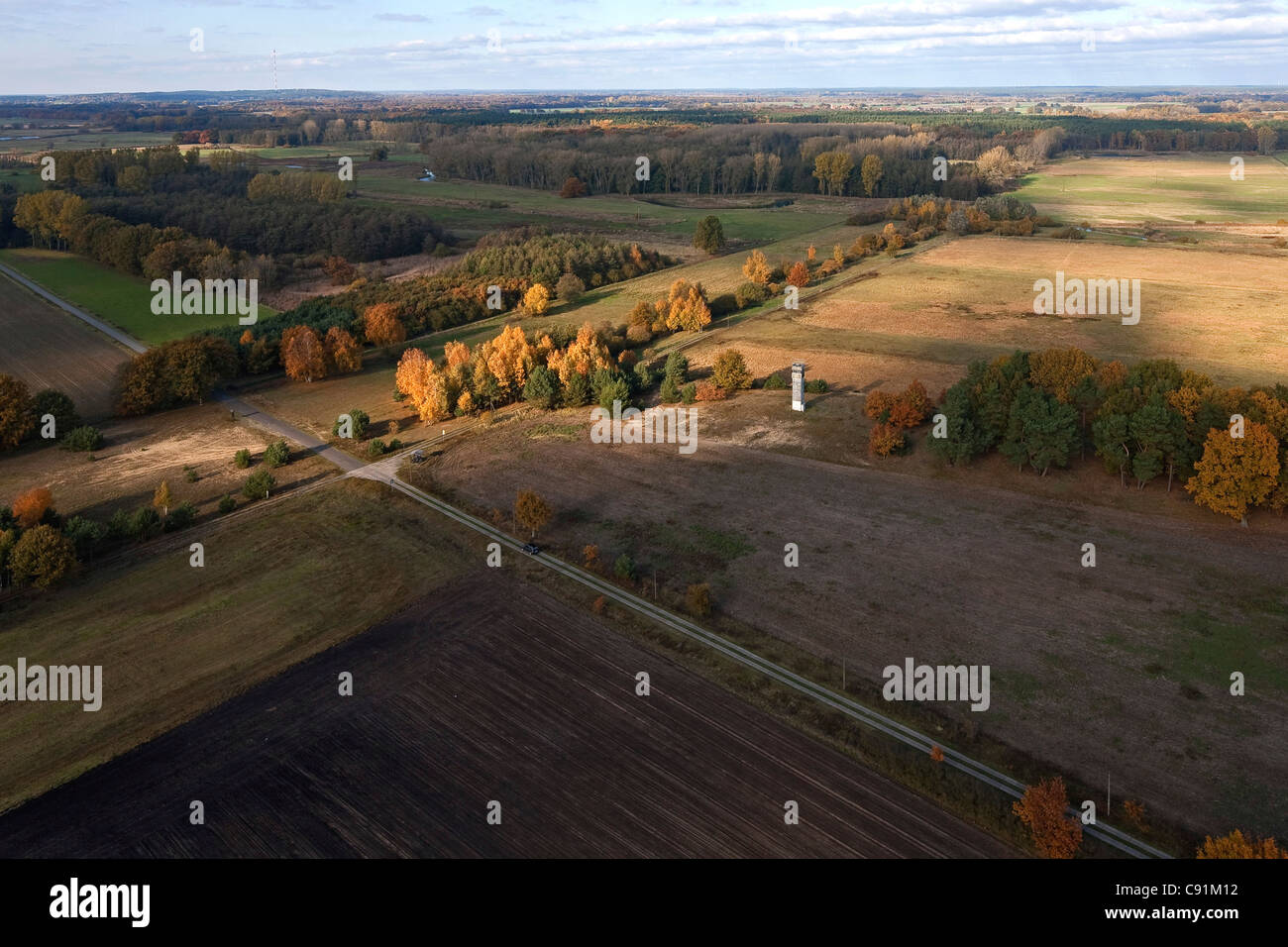 Vue aérienne de l'ancienne RDA zone frontière près de Gartow en Wendland, Basse-Saxe, Allemagne Banque D'Images