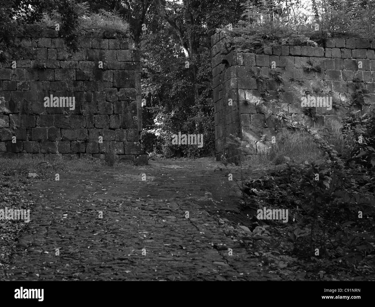 Un mur en pierre à l'entrée de fort Shirley, Cabrits National Park, Commonwealth de Dominique, Antilles, Caraïbes. Banque D'Images