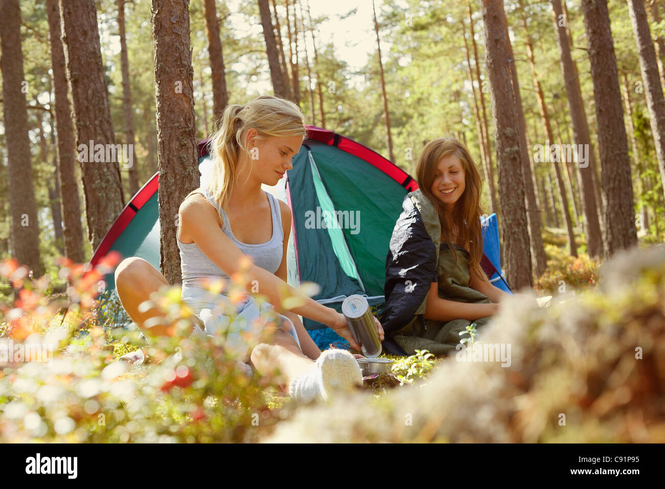 Les femmes la mise en place de camping en forêt Banque D'Images