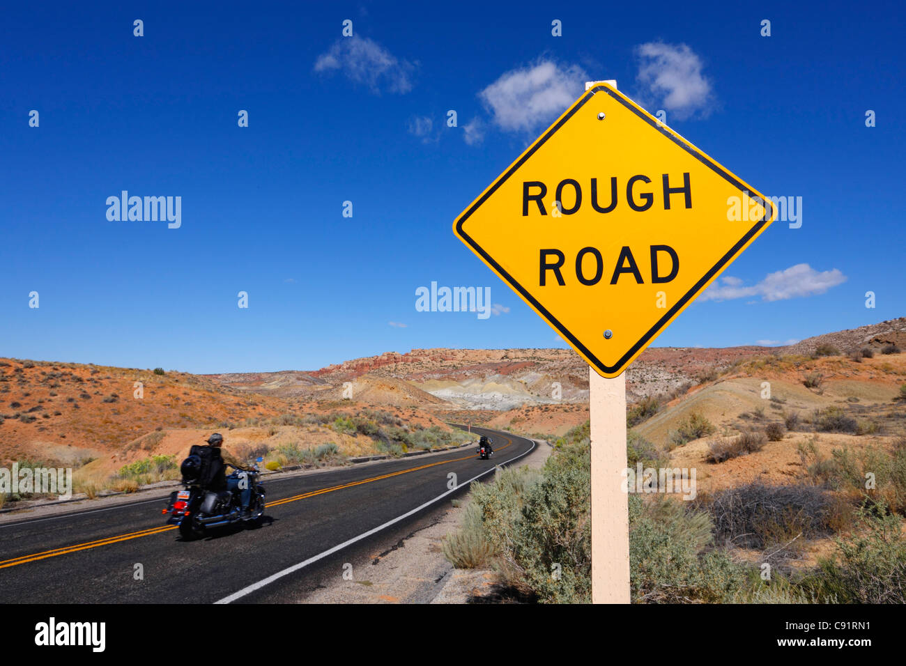 Route difficile de signer et de moto, Arches National Park Banque D'Images
