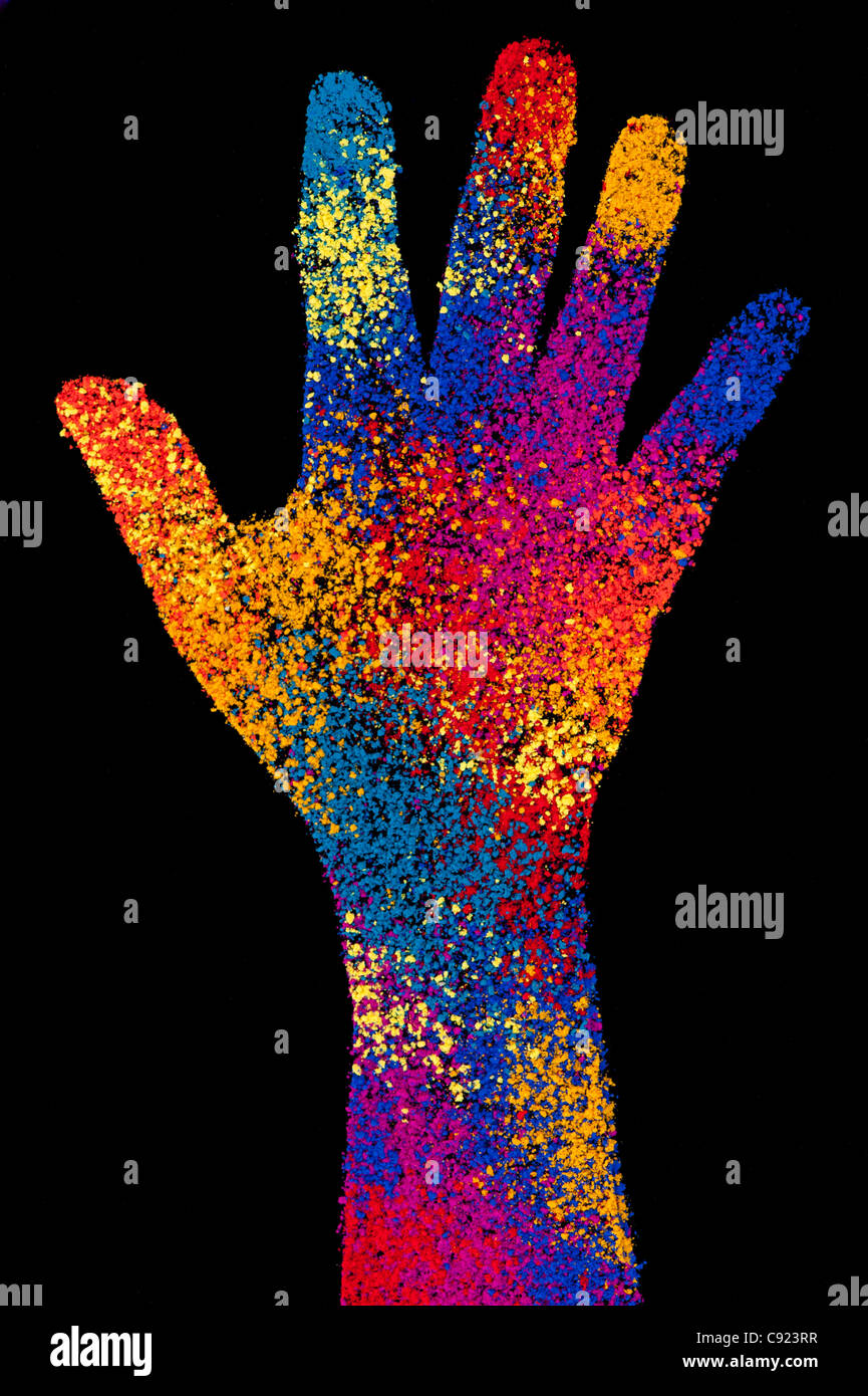 Childs hand print multicolore sur fond noir Banque D'Images