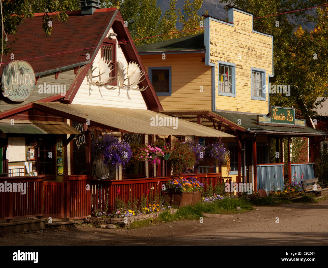 Avis de McCarthy Lodge et Mountain Arts en Alaska, McCarthy Wrangell-St. Elias National Park & Préserver, Southcentral Alaska Banque D'Images