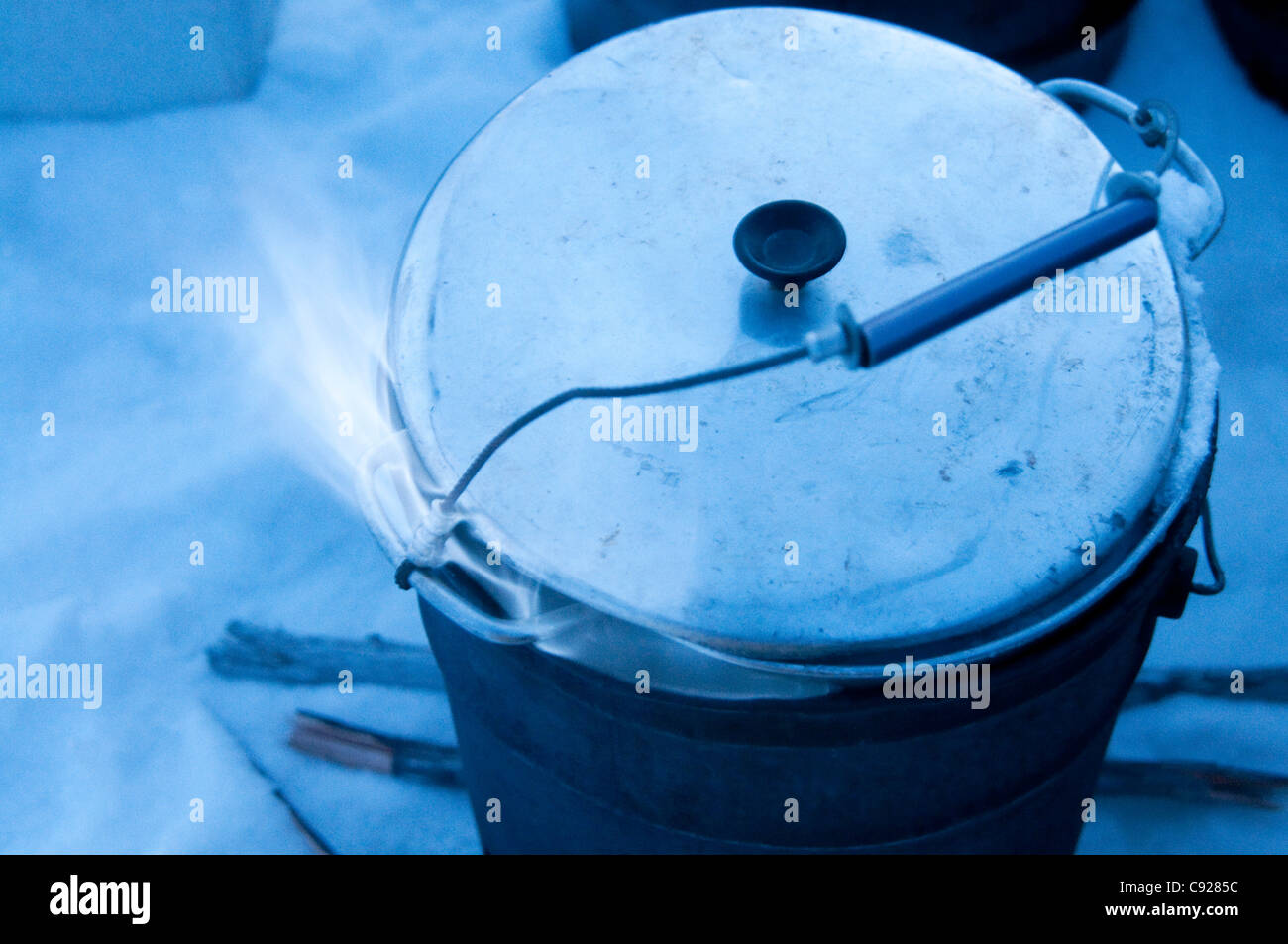 Mehtanol-flamme alimentée chauffe une casserole d'eau pour faire fondre la neige pour un attelage de chiens, Gates of the Arctic National Park & Preserve, Alaska Banque D'Images
