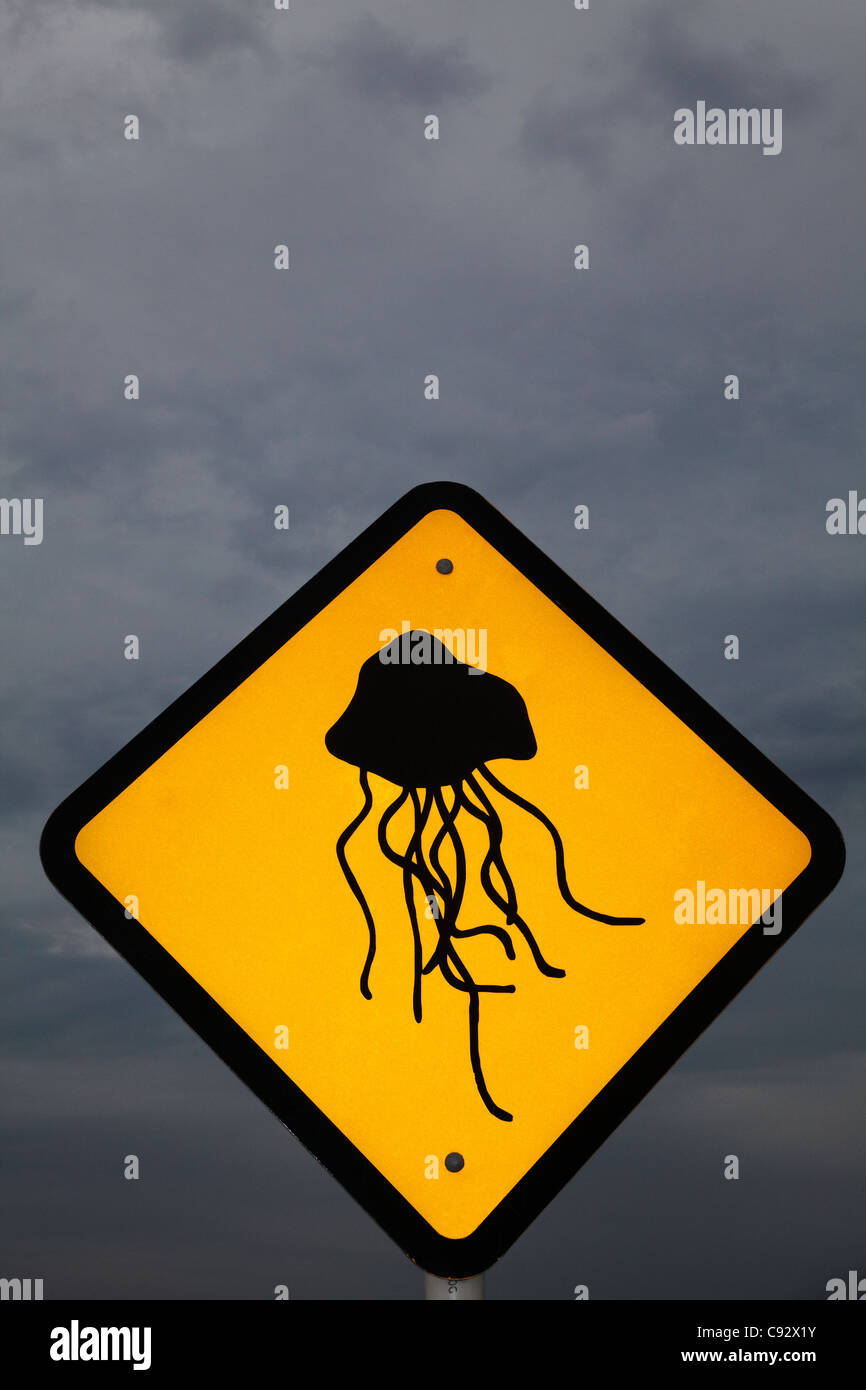 Panneau d'avertissement de méduses, et de sombres nuages, Port de Broome, région de Kimberley, Western Australia, Australia Banque D'Images