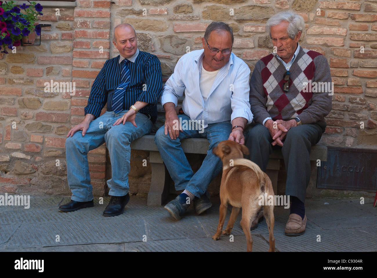 Adultes plus âgés de trois hommes italiens s'asseoir sur un banc partir de flatter un chien à Panicale, Italie. Banque D'Images