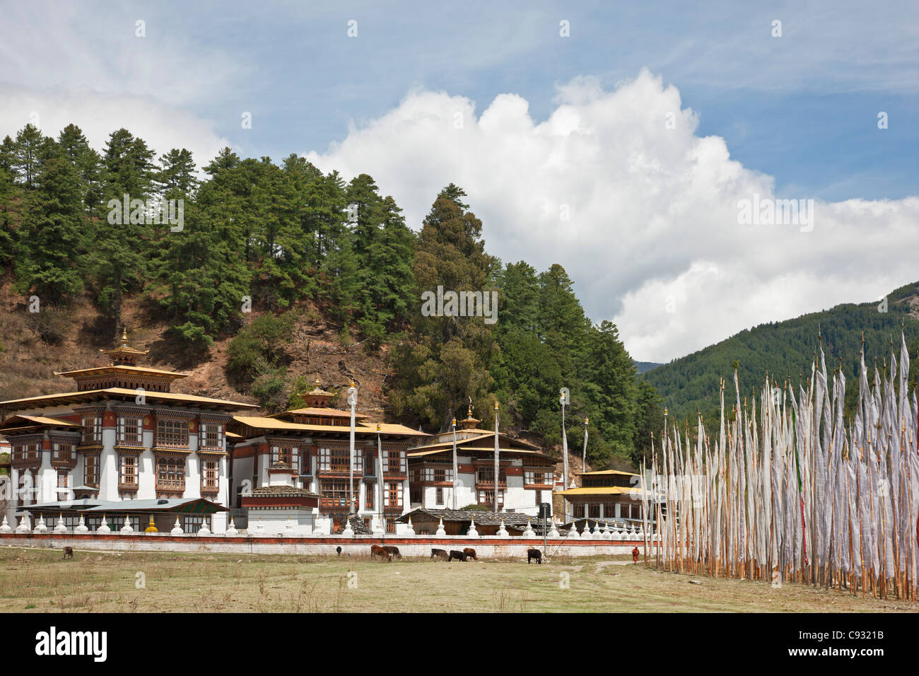 L'situé Kurjey Lhakhang comprend trois temples entourés de 108 chortens. Banque D'Images