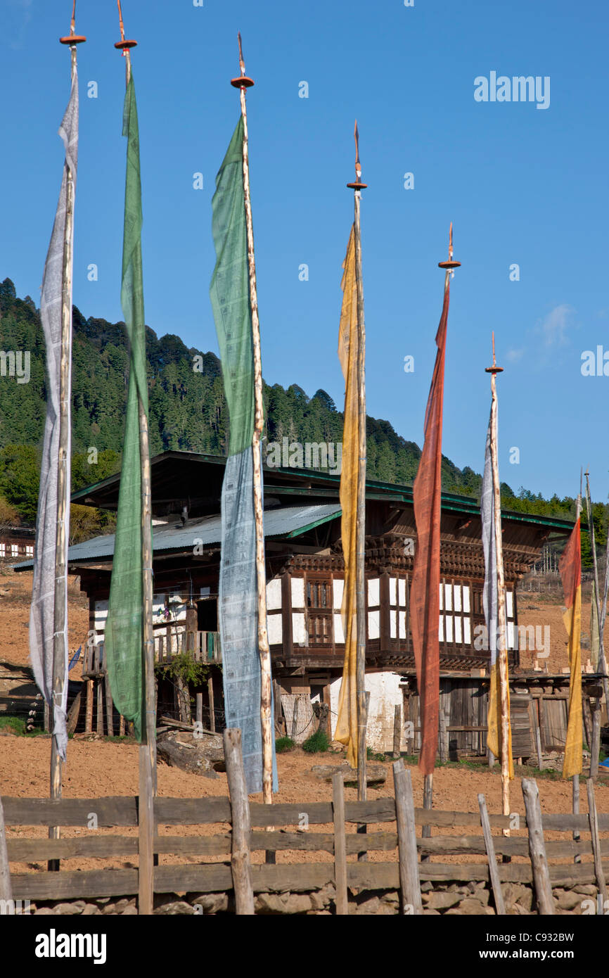 Une ferme avec les drapeaux de prières dans la fertile vallée de Phobjikha. Banque D'Images Une ferme avec les drapeaux de prières dans la fertile vallée de Phobjikha. Banque D'Images