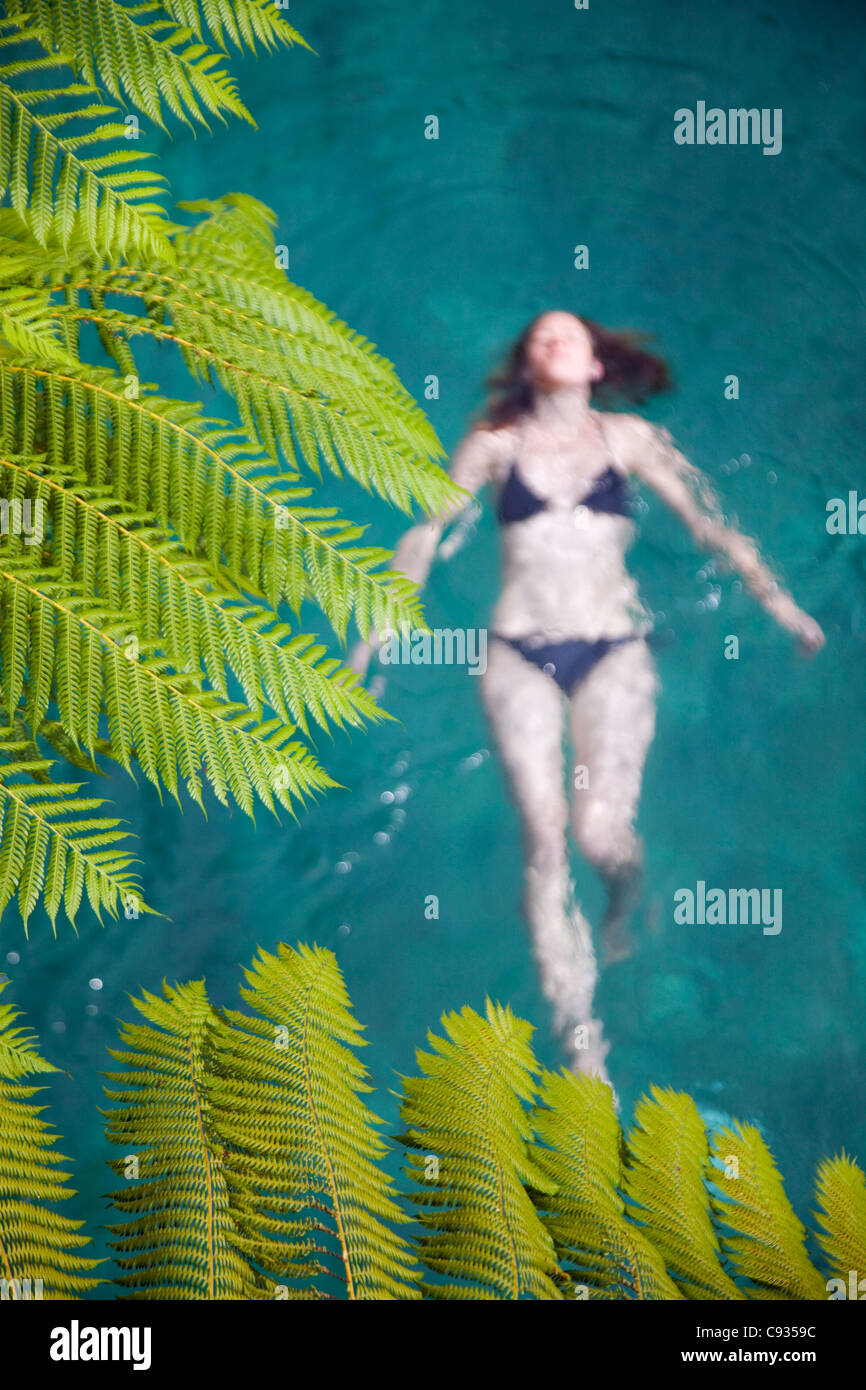 Bali, Ubud. Une jeune femme se détend dans une piscine, à l'ombre des fougères tropicales. M. Banque D'Images