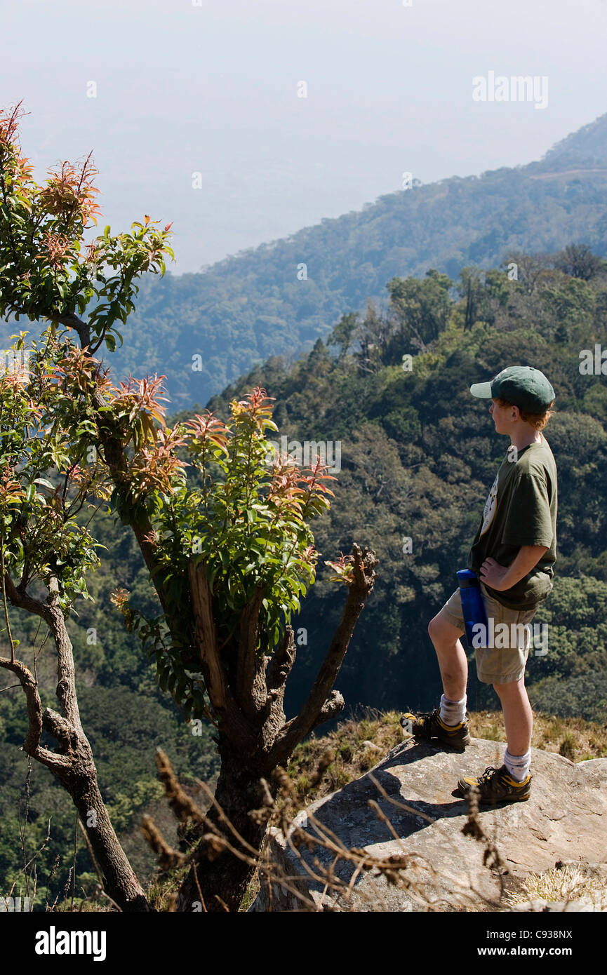 Plateau de Zomba, Malawi. Un garçon donne à la vue depuis le bord du plateau. (MR) Banque D'Images