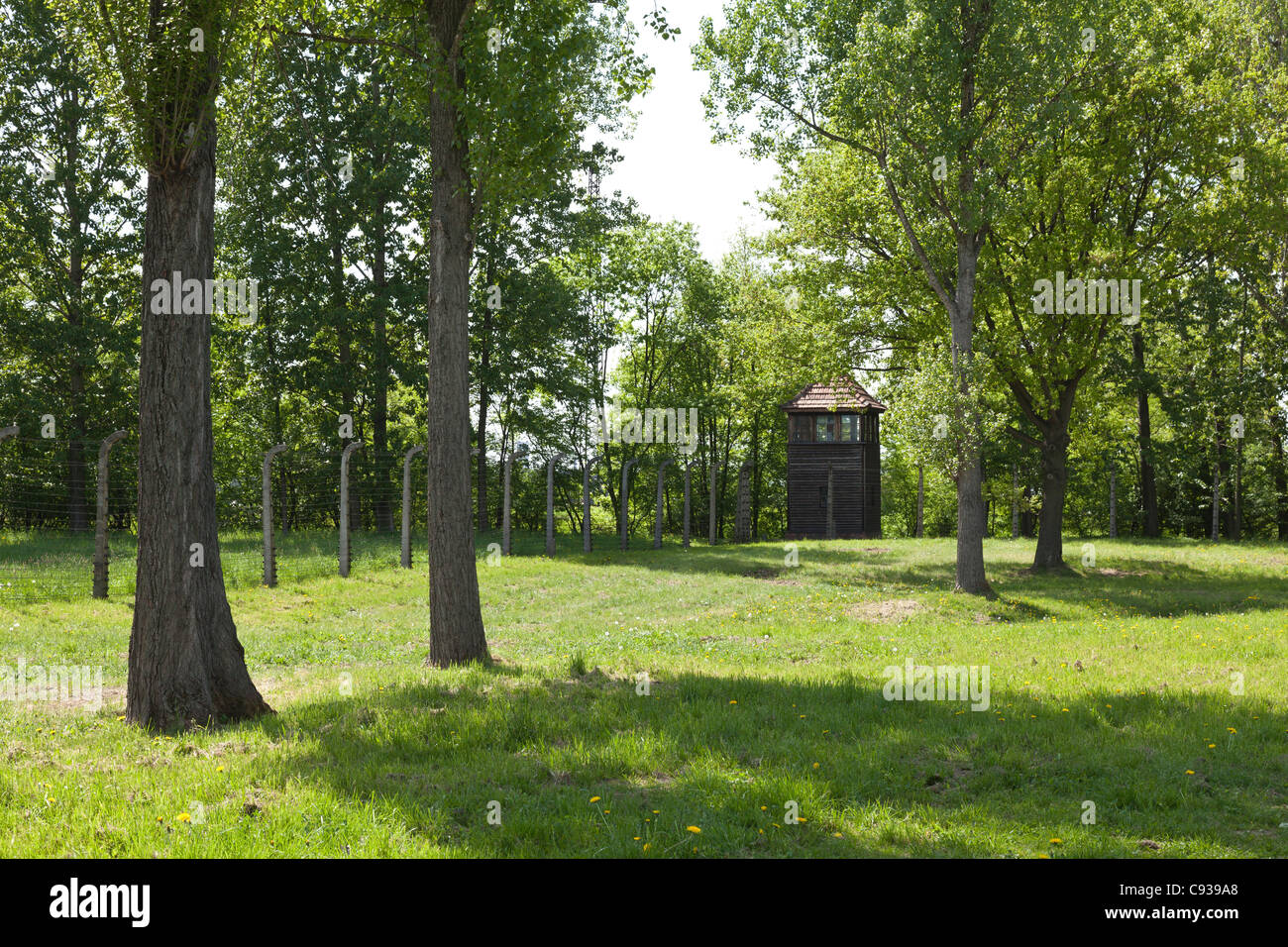 La Pologne, de Brzezinka, Auschwitz II - Birkenau. Une tour de guet en bois près de la clôture de périmètre. Banque D'Images