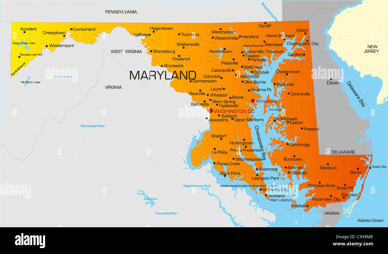 Carte des couleurs de vecteur de l'état du Maryland. Usa Banque D'Images