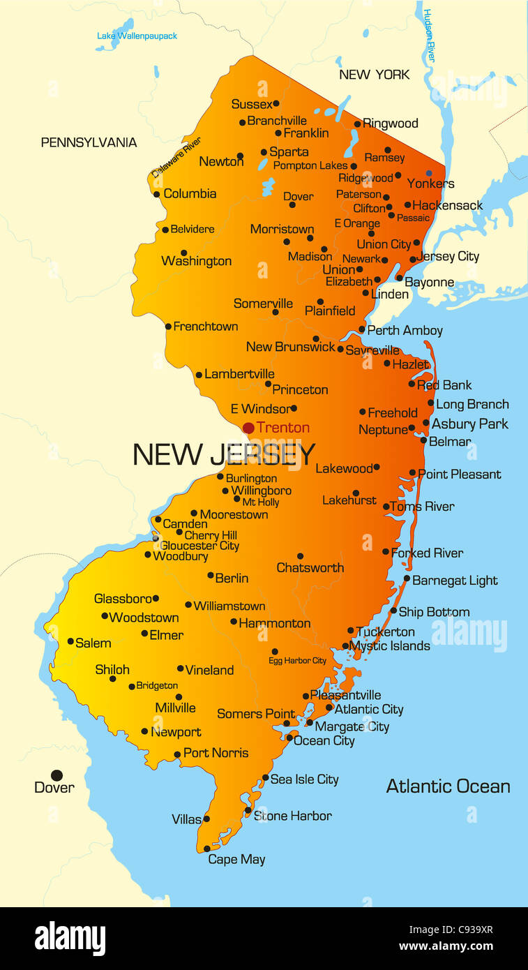 Carte des couleurs de vecteur d'état du New Jersey. Usa Photo Stock - Alamy