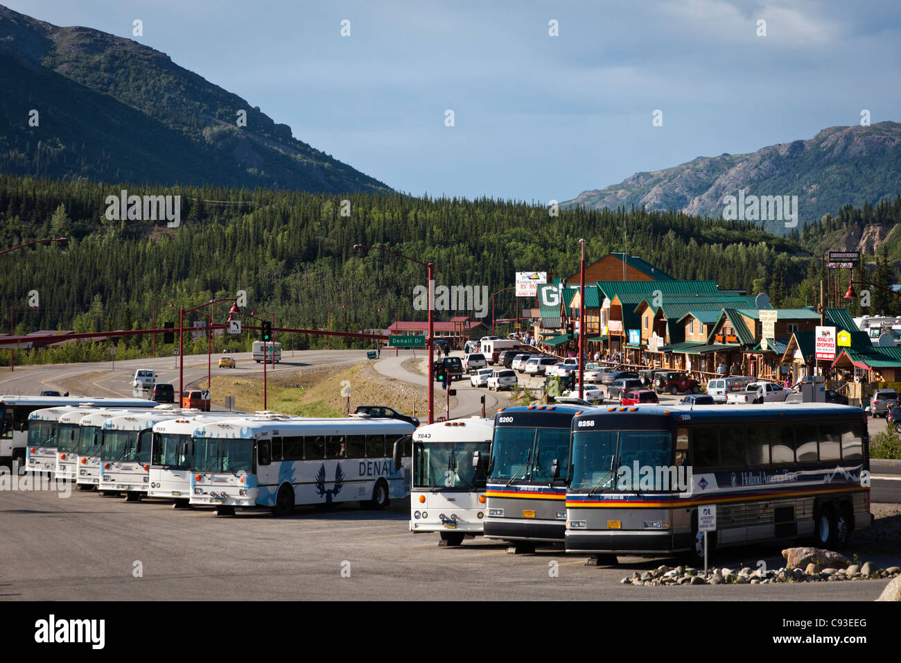 Vue sur les autocars de tourisme et du shopping à Denali, Alaska Banque D'Images