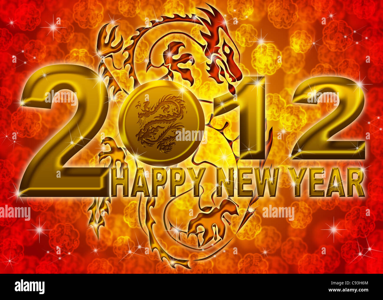 Bonne Année 2012 Golden Dragon chinois sur fond flou Banque D'Images