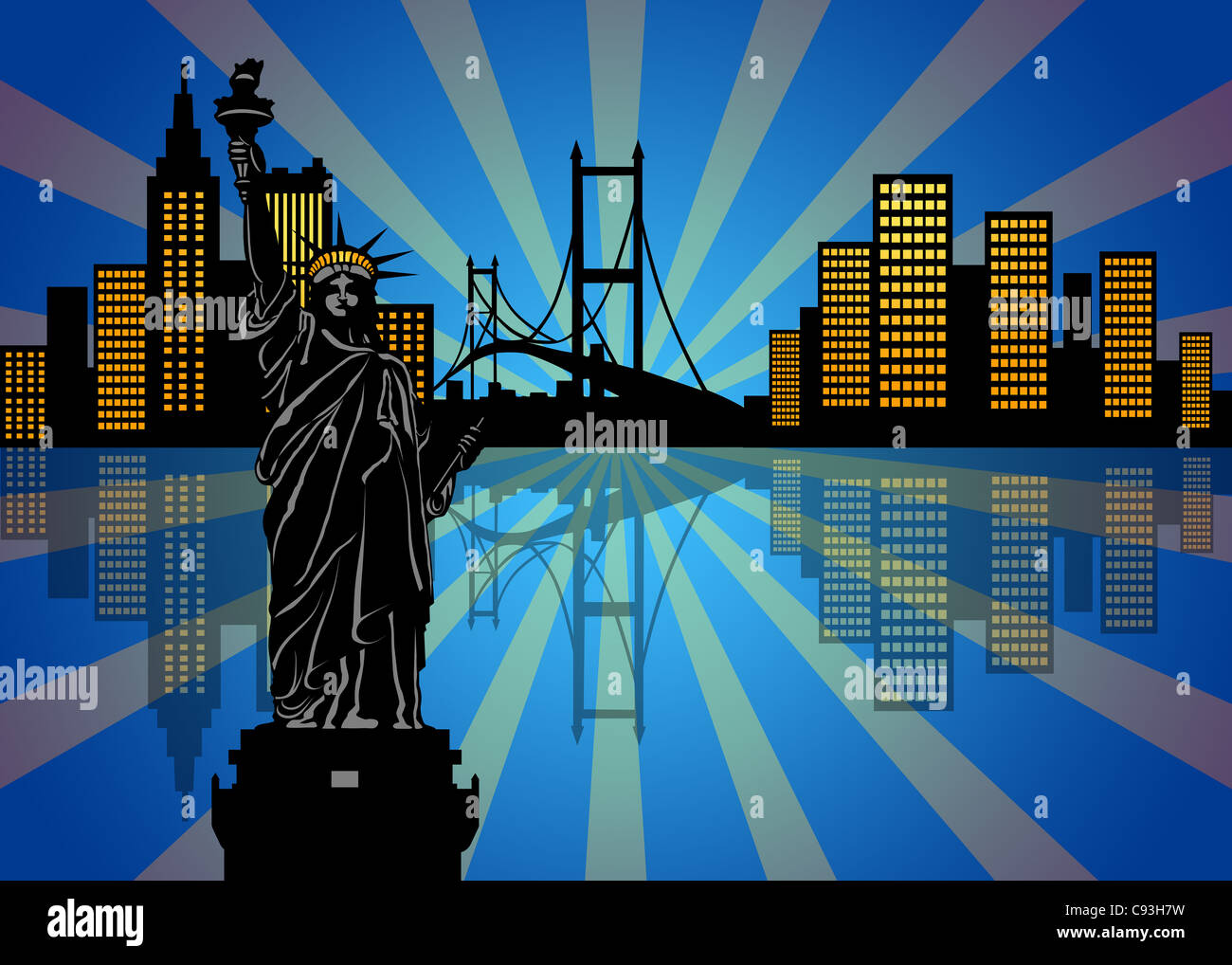 Reflet de New York City Manhattan Skyline at Night Illustration Banque D'Images