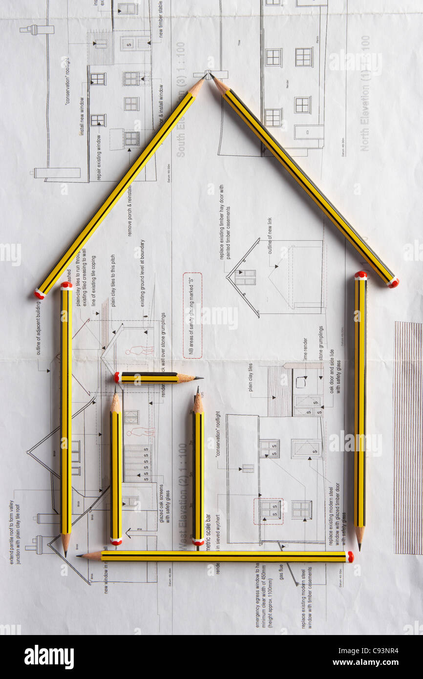 Le dessin architectural et crayons Banque D'Images