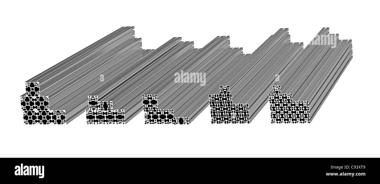 Pile de profils extrudés en aluminium isolé sur blanc 3D render Banque D'Images