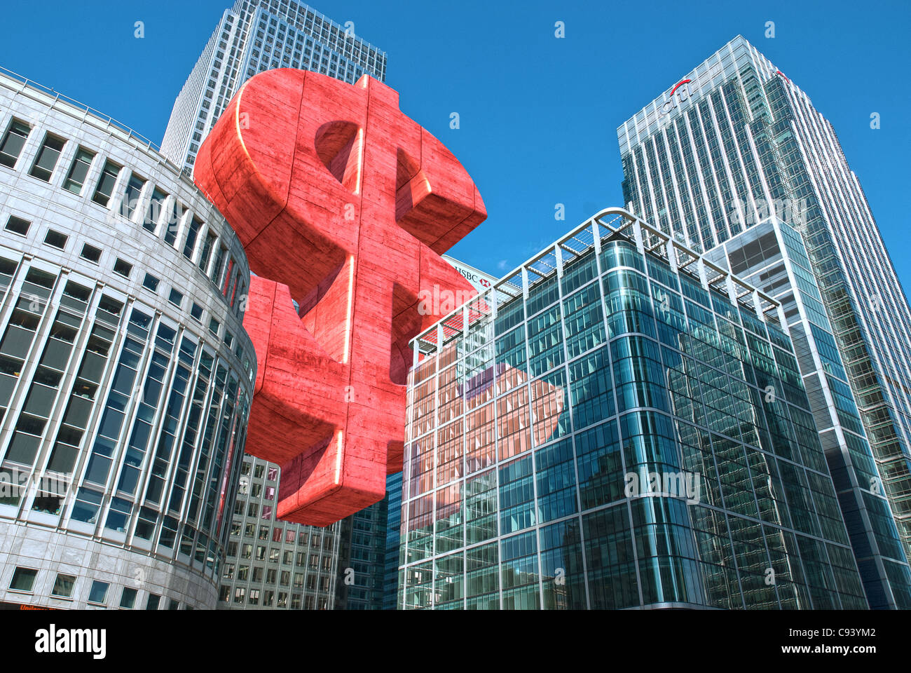 Photographie par hitandrun modifié numériquement media. Un symbole dollar géant, flottant entre les bâtiments à Canary Wharf, Londres. Banque D'Images