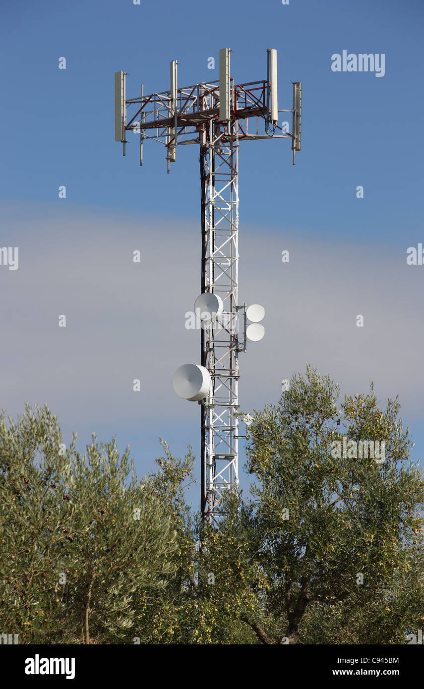 Situé à l'antenne de téléphone entre les arbres avec un fond de ciel bleu Banque D'Images