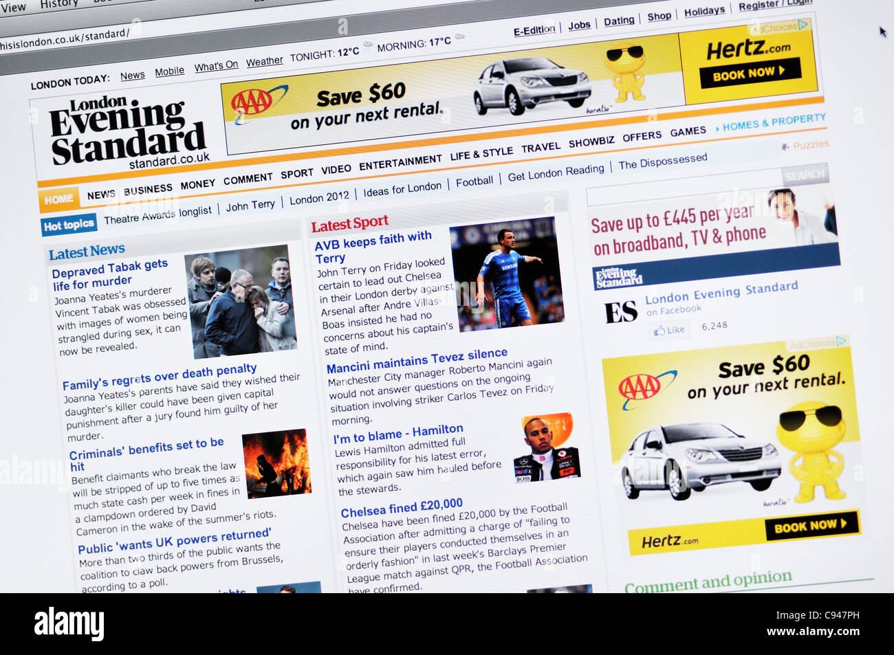 Site web journal London Evening Standard Banque D'Images