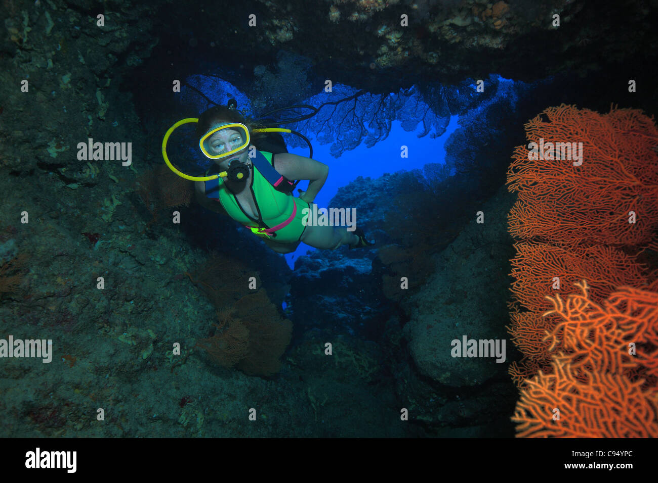 Plongeur femelle entre dans une grotte remplie de corail. Banque D'Images
