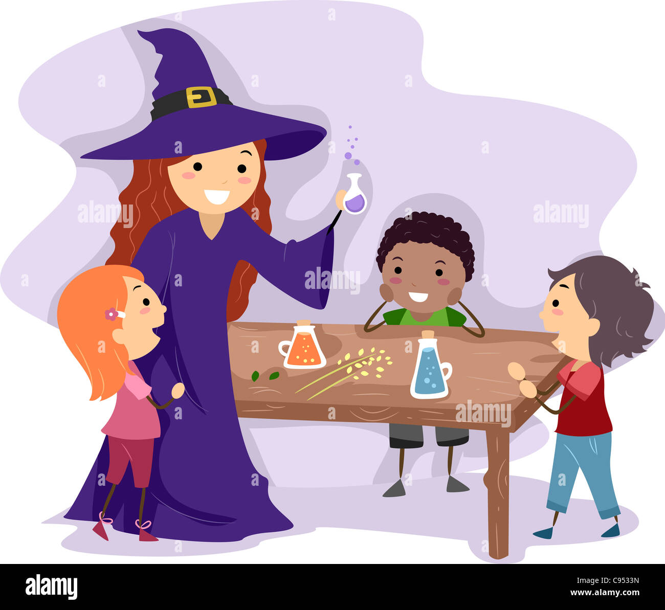 Illustration d'une sorcière, montrant aux enfants comment faire une potion Banque D'Images
