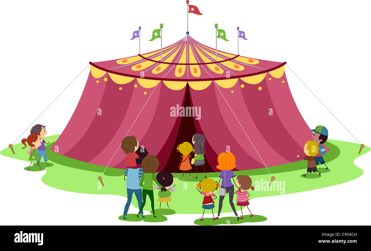 Illustration des familles sur le point d'aller à l'intérieur d'une tente de cirque Banque D'Images