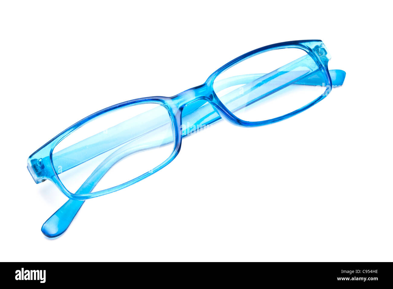 Belles lunettes bleu sur fond blanc gros plan Banque D'Images