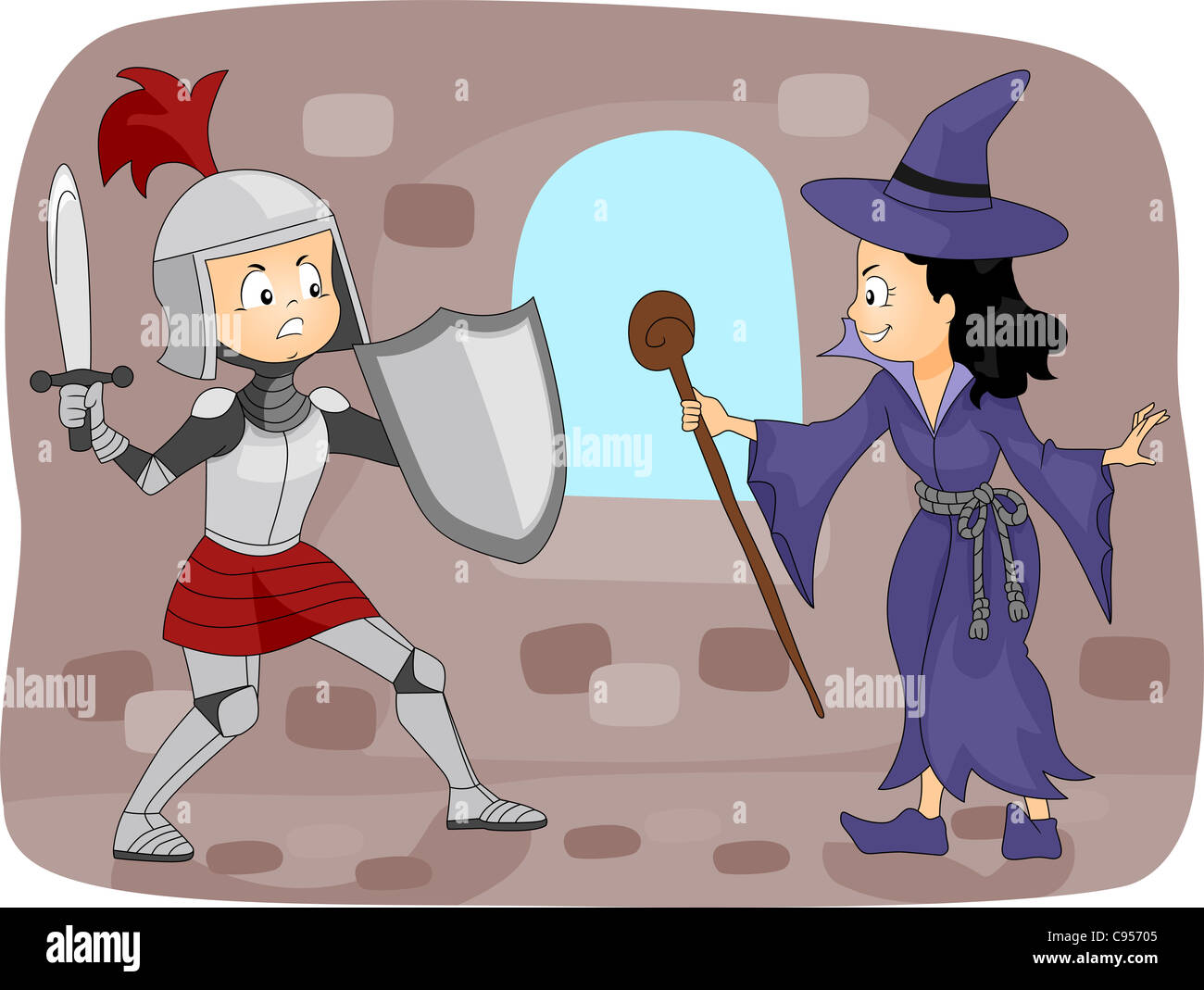 Illustration d'une lutte contre une sorcière Chevalier Banque D'Images
