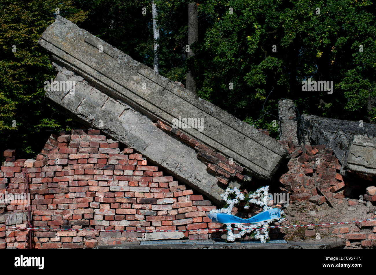 Étoile de David memorial placés par les visiteurs du site de l'détruit le crématorium à l'Auschwitz II-Birkenau camp mort Banque D'Images