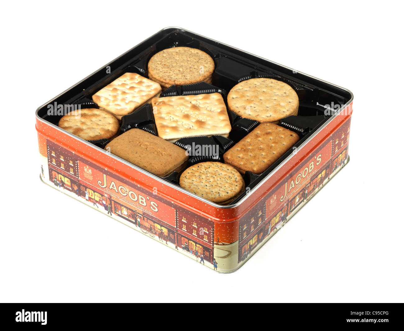 Boîte de biscuits de marque Jacob's Biscuit ou isolés de sélection sur un fond blanc avec un chemin de détourage et aucun peuple Banque D'Images