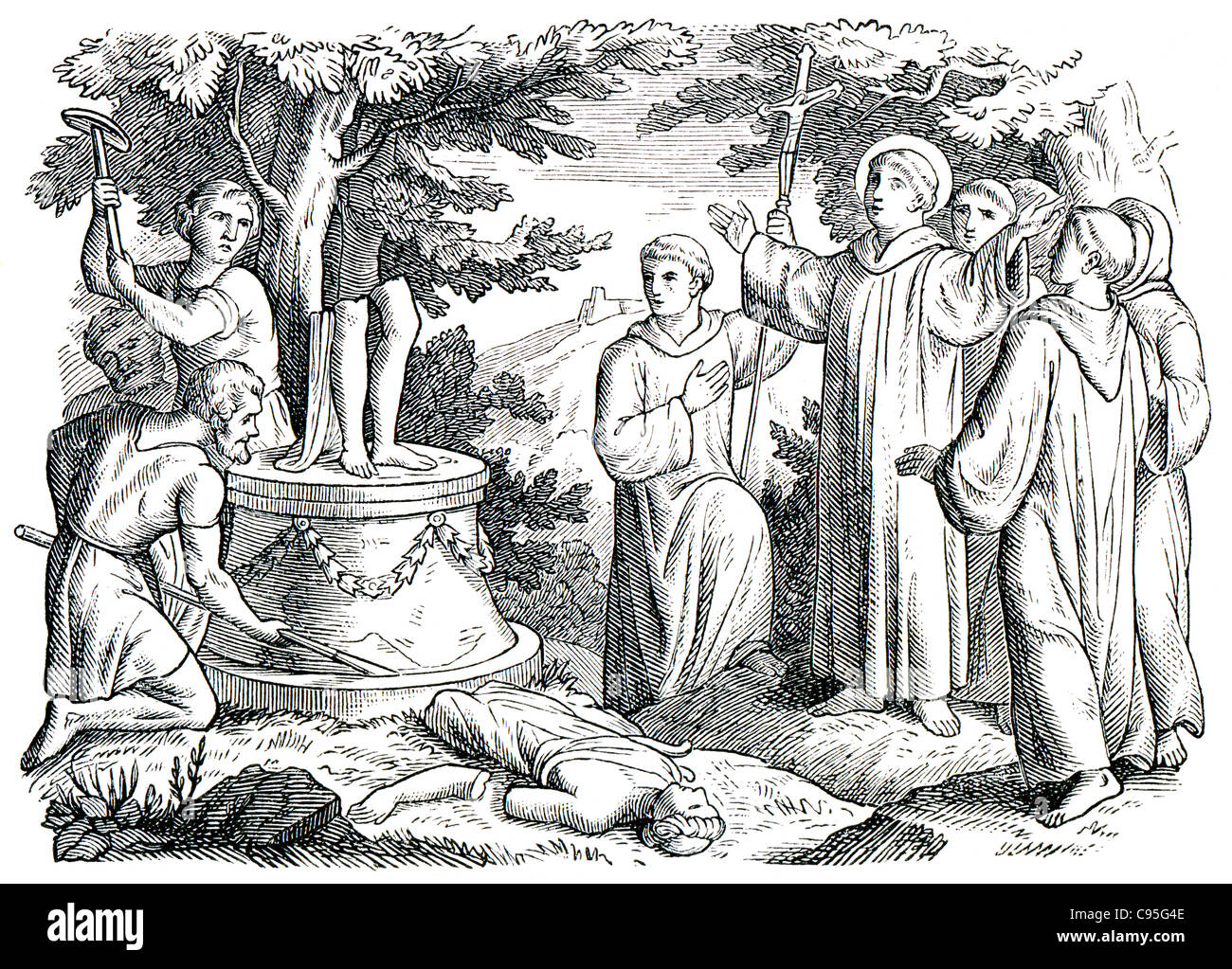 Représente Saint Benoît de Nursie détruit la statue d'Apollon à Monte Cassino. Le livre 'histoire de l'Église" Banque D'Images