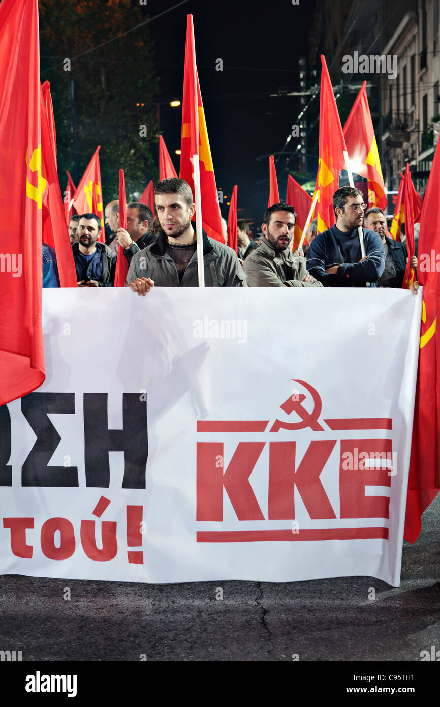 Parti communiste manifestation à Athènes, en Grèce. Banque D'Images