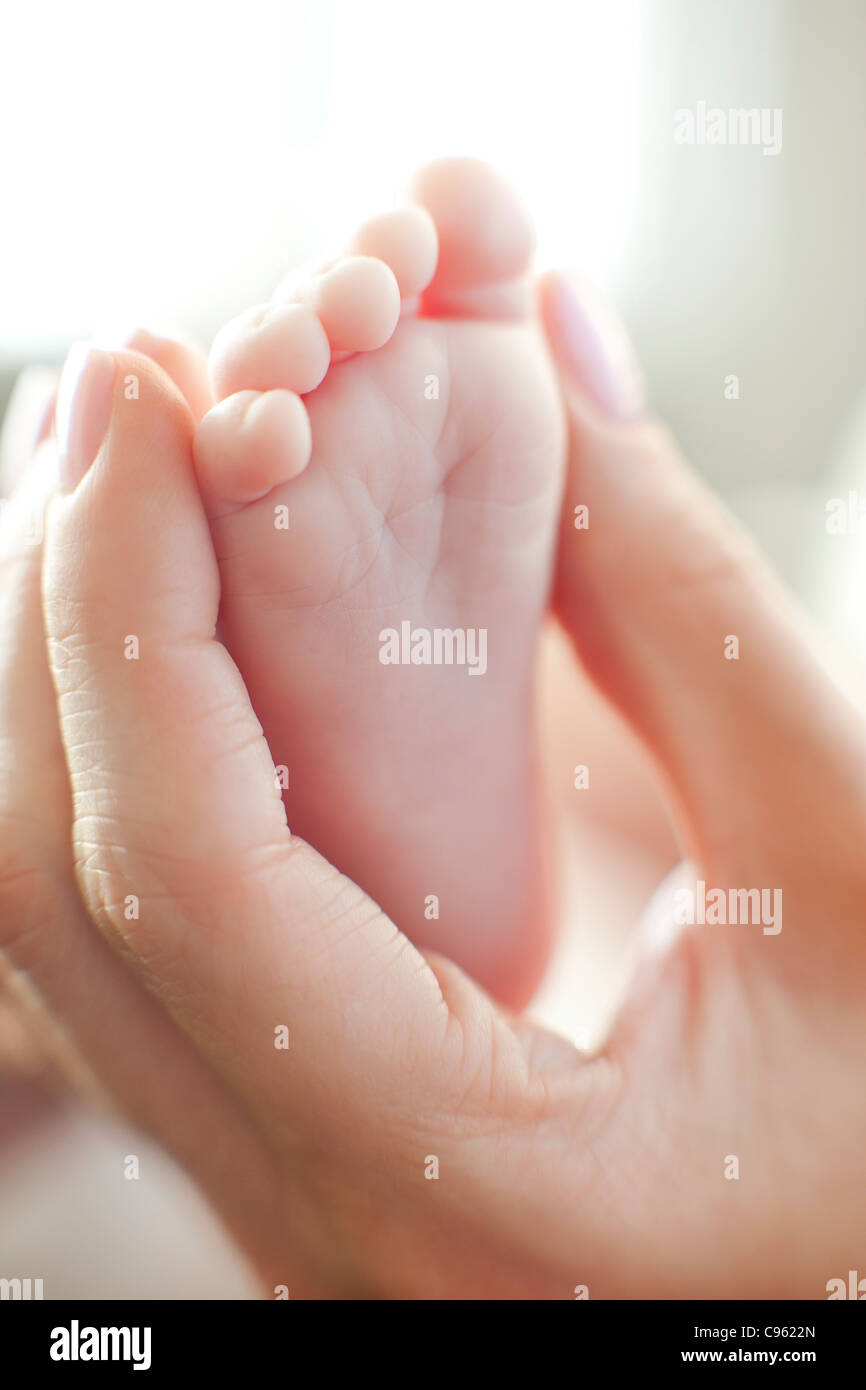 Le Pied De Bebe Mere Tenant Son Bebe Age De 2 Mois Photo Stock Alamy
