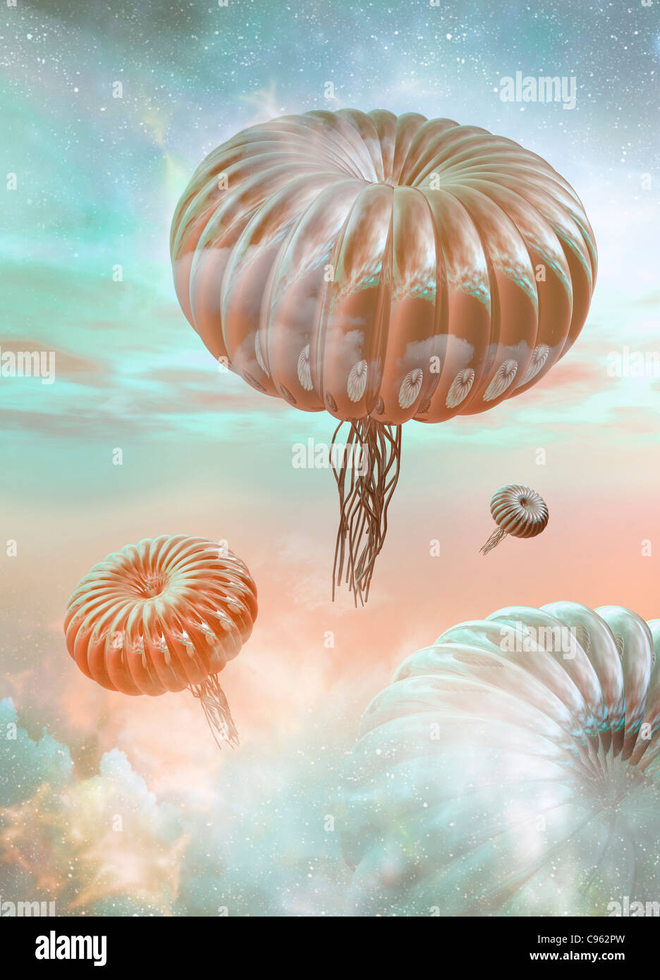 Des formes de vie étrangères. L'oeuvre de l'ordinateur de formes de vie exotiques flottant dans les nuages de Jupiter. Banque D'Images